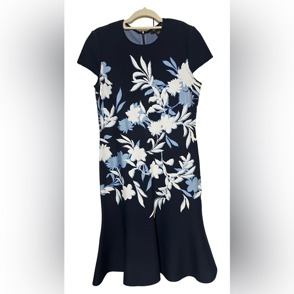 St John - Shadow Navy Floral Jacquard Knit Dress